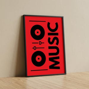 May include: A rectangular framed wall art print featuring a vibrant red background with bold black graphics. The design includes two black vinyl record icons, two horizontal slider controls, and the word MUSIC printed vertically in black.