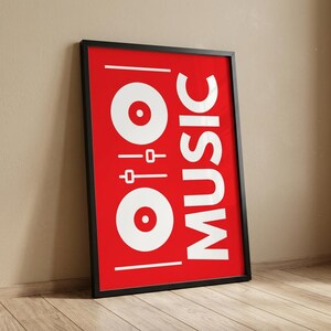Peut inclure: Une affiche rectangulaire encadrée avec un fond rouge vif et des éléments graphiques blancs. Le design comprend deux cercles blancs rappelant des disques vinyles, deux icônes de curseurs horizontaux et le mot MUSIC en grandes lettres capitales.