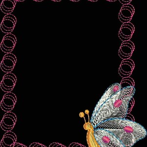 May include: A pink and white butterfly with a gold body is in the bottom right corner of a black background. The butterfly is surrounded by a pink frame made of circles.