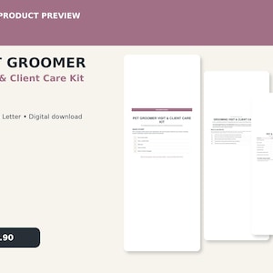 Può includere: Un kit digitale per visite e assistenza clienti per toelettatori di animali domestici composto da tre pagine di documenti bianche con testo nero. Le pagine includono sezioni intitolate Pet Groomer Visit and Client Care Kit, Quick Start, Grooming Visit and Client Care e Pet and Owner Profile.