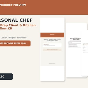 Può includere: Un kit di download digitale intitolato Personal Chef Meal Prep Client & Kitchen Workflow Kit, che mostra anteprime di documenti A4 e US Letter con un'intestazione color ruggine, sfondo bianco e un pulsante per strumento Excel modificabile.