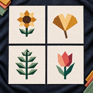 May include: Four square fabric quilt blocks featuring pieced botanical designs on a cream background. The designs include a yellow sunflower, a golden ginkgo leaf, a green fern-like plant, and a red and pink tulip, all constructed from fabric.