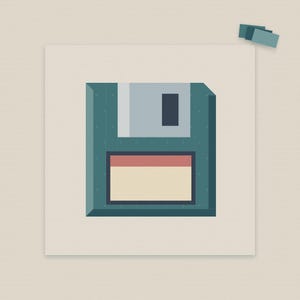 May include: A square graphic illustration of a teal floppy disk with a light gray sliding metal shutter, a dark gray rectangular notch, and a cream-colored label with a thin red stripe at the top, centered on a light beige background.