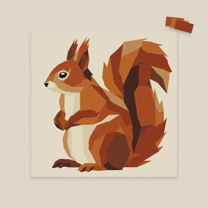 May include: A square print featuring a geometric illustration of a squirrel in shades of rust, brown, and cream. The squirrel is depicted in profile with a large, bushy tail and pointed ears, composed of angular, flat-colored shapes.