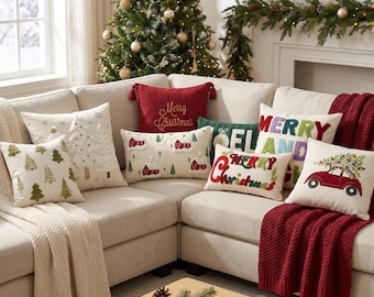 Christmas Cushion Cover, Festive Embroidered Pillow Case, Merry Christmas Tree Santa Car Design, 30x50cm 45x45cm Sofa Decor