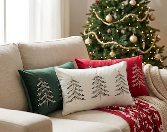 Weihnachtskissenbezug mit Tannenbaum-Motiv, festlicher Kissenbezug mit besticktem Tannenbaum, skandinavische Winter-Sofadekoration in Rot, Grün und Creme