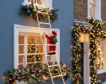 Weihnachtsdekoration „Kletternder Weihnachtsmann“, LED-beleuchtete Leiter, Wanddekoration für Fenster im Außenbereich, warmweiß oder mehrfarbig, 1,5 m oder 3 m