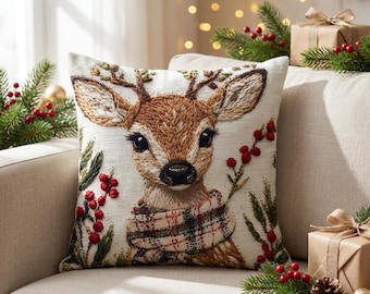 Weihnachtskissenbezug mit Rentiermotiv, niedlicher Hirsch-Kissenbezug für Sofa, festliche Walddekoration, rustikales Winterkissen, weihnachtliches Geschenk