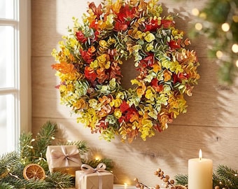 Herbstkranz, Türkranz aus Herbstblättern und -blumen, Erntedeko in Orange, Gelb und Grün, Wandbehang für Thanksgiving, saisonale Wohnaccessoires