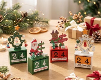 Weihnachtskalender aus Holz, Adventskalender mit Weihnachtsmann, Rentier und Baum, festliche Tischdekoration, wiederverwendbarer Weihnachtsschmuck