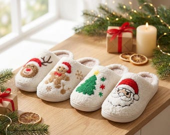 Weihnachtspantoffeln, flauschige Lebkuchenhaus-Schuhe mit Weihnachtsmann- und Rentiermotiv, gemütliche Winterpantoffeln für drinnen, festliches Geschenk