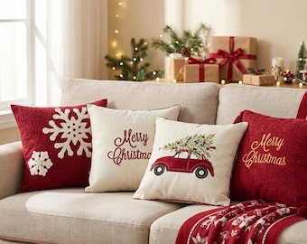 Weihnachtskissenbezüge, festliche rot-weiße Kissenbezüge für Sofa, Schneeflocken-Autodekoration für die Feiertage, kuschelige Winterkissenbezüge