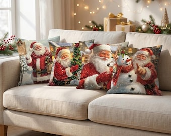Weihnachtskissenbezug mit Weihnachtsmann, festlicher Kissenbezug mit Rentier- und Schneemannmotiv, Vintage-Weihnachtsdeko fürs Sofa, winterliches Dekokissen als Geschenk