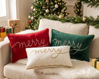 Weihnachtskissenbezug, 30 x 50 cm, Samtoptik, festliche Sofadekoration in Rot, Grün und Creme, goldene Schrift, winterliches Wohnaccessoire