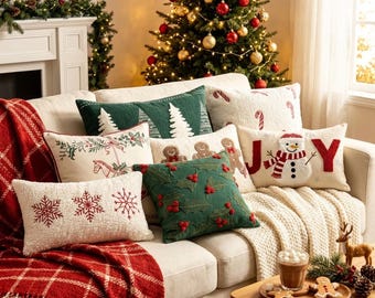 Christmas Cushion Cover, Festive Embroidered Pillow Case, Gingerbread Candy Cane Holly Tree Decor, 30x50cm 45x45cm Sofa Cushion