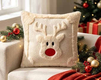 Weihnachtskissenbezug mit Rentiermotiv, 45 x 45 cm, flauschig, cremefarben, 3D-Rentier-Design, gemütliche Winterdeko fürs Sofa, festliches Geschenk für Zuhause