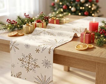 Christmas Table Runner, Gold and Silver Snowflake Design, Cream Polyester Festive Dining Table Decor, Elegant Winter Holiday Centrepiece