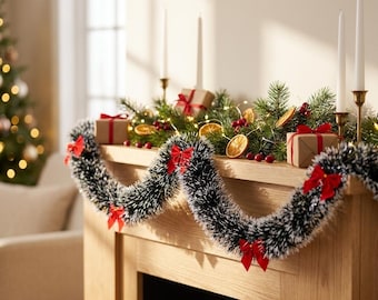 Weihnachts-Lametta-Girlande, schwarz-weiße Schneegirlande mit Schleifen, festliche Kamindekoration, Weihnachtsfeier-Dekoration