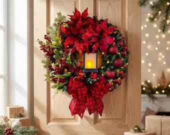 Weihnachtskranz mit Laterne, roter oder goldener Türkranz, Weihnachtsstern-Beeren-Kugeldekoration, festlicher Winter-Wandschmuck