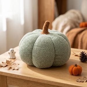 May include: A sage green pumpkin-shaped pillow made of textured sherpa fabric with a brown stem. The round, plush cushion features deep vertical segments and a soft, fuzzy surface, providing a tactile appearance for seasonal home decor.