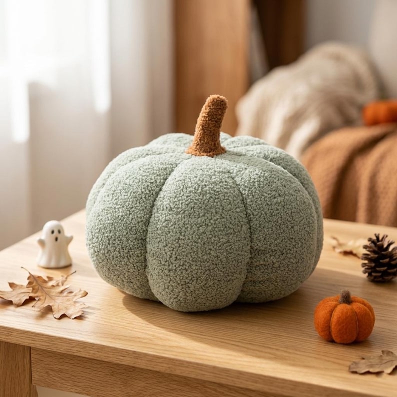 May include: A sage green pumpkin-shaped pillow made of textured sherpa fabric with a brown stem. The round, plush cushion features deep vertical segments and a soft, fuzzy surface, providing a tactile appearance for seasonal home decor.
