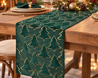 Christmas Tree Table Runner, Fluffy Gold Sequin Festive Dining Decor, Red Green or Cream Holiday Table Centrepiece, Cosy Xmas Decoration