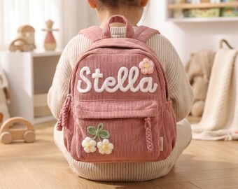 Personalisierter Kinderrucksack, Schulrucksack aus Cord mit individuellem Namen, bestickter Kleinkinderrucksack, Geschenk für Kindergarten und Vorschule