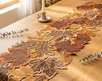 Tischläufer mit Herbstlaub-Motiv, bestickte Herbstlaub-Dekoration, Tischdekoration für Thanksgiving, rustikales Erntedank-Mittelstück