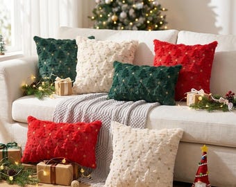 Weihnachtliche Kissenbezüge, gesteppte Kissenbezüge mit Baumstern und Schleife, gemütliche Weihnachtsdeko fürs Sofa, festlicher Winterkissenbezug