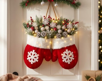 Weihnachtshandschuh-Kranz, roter Türhänger mit Tannenzapfen, Schneeflocken und Beeren, festliche Winterdekoration, Weihnachtsgeschenk