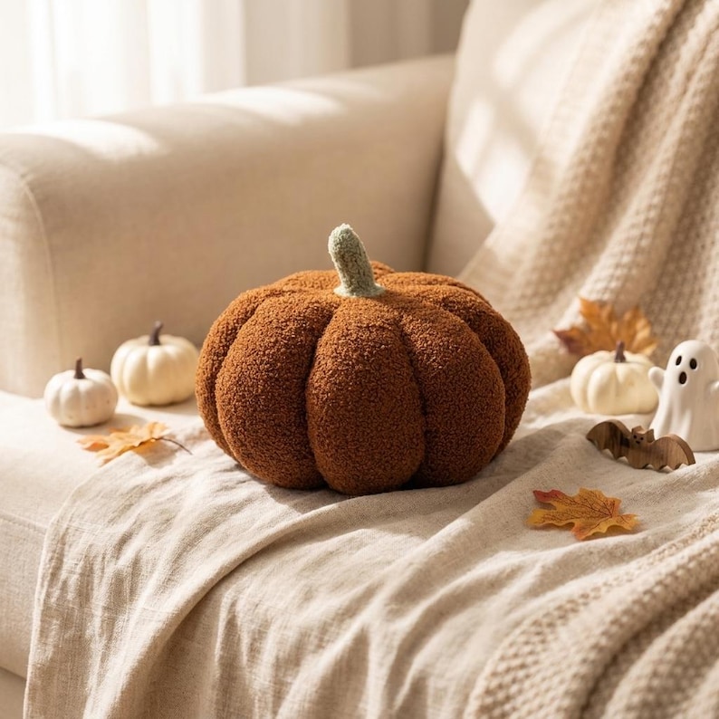 May include: A large, round, brown, textured pumpkin-shaped pillow with a light green stem. The pillow is surrounded by two small white decorative pumpkins, a small white ghost figurine, a small wooden bat, and several scattered autumn leaves.