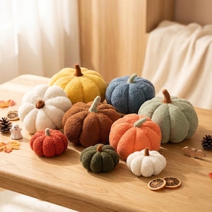 May include: A collection of ten plush pumpkins in various sizes and colors, including white, yellow, orange, brown, blue, and green. Each pumpkin features a soft, textured fabric surface and a small stem on top, arranged together on a wooden surface.