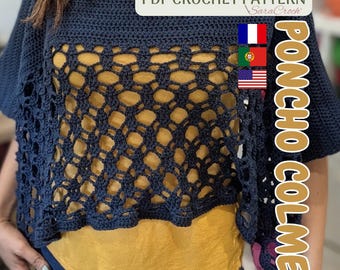 Honeycomb Crochet Poncho PDF Pattern in Portuguese/English/French, Easy Made-to-Measure Crochet Instructions