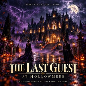 May include: A printable Halloween murder mystery game titled The Last Guest at Hollowmere, featuring a gothic mansion under a full moon, a large moth in purple clouds, and two figures in formal attire on a wet path with glowing jack-o'-lanterns.