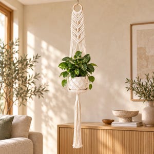 Può includere: Un portapiante in macramè color crema con un anello in legno sulla parte superiore, complessi motivi a nodi e tre piccole perline di legno. Sostiene un vaso in ceramica bianca esagonale con una pianta verde, rifinito con una lunga nappa.