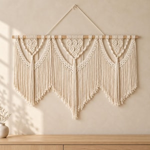 Puede incluir: Un gran tapiz de macramé en color blanco roto suspendido de un listón de madera horizontal. La pieza presenta intrincados patrones de nudos, incluyendo formas de diamante y cordones trenzados, con largos flecos que forman tres secciones en V.