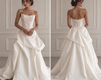 Strapless Corset Wedding Dress, Luxury Satin Bridal Gown, Lace Bodice Ball Gown, Princess Wedding Dress, Custom Made Bridal Dress