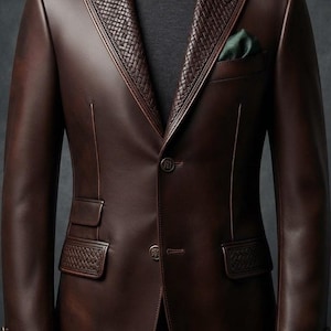 Peut inclure: Un blazer marron foncé avec une texture tressée sur les revers, les rabats de poches et les poignets. La veste présente deux boutons sur le devant, un pull à col roulé sombre en dessous et une petite pochette verte dans la poche poitrine.