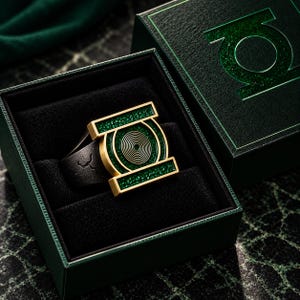 Pode incluir: Um anel de tom dourado com um emblema retangular verde proeminente, apresentando um design circular central com anéis concêntricos. O anel é apresentado numa caixa verde-escura com um logótipo circular verde a condizer na tampa.