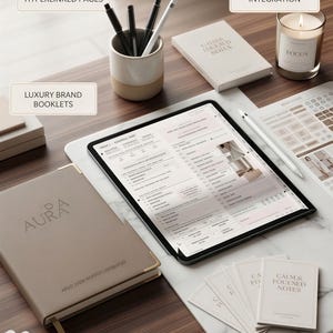 Könnte beinhalten: Ein 2026-2027 ADHS-Planer auf einem Tablet-Bildschirm mit 709 verlinkten Seiten und Apple Shortcuts-Integration. Das Set enthält ein beiges Notizbuch mit der Aufschrift AURA, einen Stiftehalter, eine Kerze mit der Aufschrift FOCUS und Notizkarten.