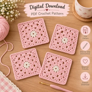 May include: Four square crochet coasters featuring a pink and white floral-inspired granny square pattern. The set includes a ball of pink yarn, a crochet hook, and text overlays reading Digital Download and PDF Crochet Pattern.