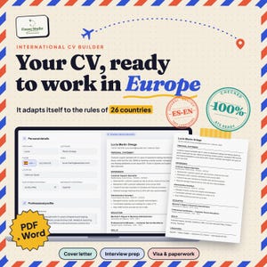 May include: A digital CV builder interface displayed on a laptop screen, showing a personal details form and a completed resume for Lucia Martin Ortega. The graphic includes text about European work standards, PDF and Word formats, and ATS readiness.