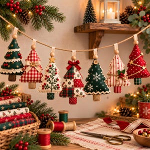 Könnte beinhalten: Eine Girlande aus sieben gefüllten Weihnachtsbaum-Anhängern aus Stoff, die an einem Juteseil hängen. Die Bäume zeigen verschiedene Muster, darunter rot-weißes Vichy-Karo, Grün mit weißen Schneeflocken, Rot mit weißen Punkten und kariertes Patchwork.