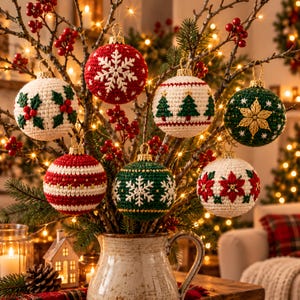 Könnte beinhalten: Sieben runde gehäkelte Weihnachtskugeln hängen an kahlen Zweigen. Die Ornamente zeigen verschiedene Motive, darunter weiße Schneeflocken auf rotem und grünem Grund, grüne Stechpalmenblätter, Tannenbäume und rote Weihnachtssterne auf Weiß.