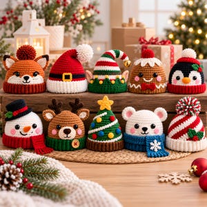 May include: A collection of ten crocheted hats featuring various holiday designs including a fox, Santa hat, elf hat, gingerbread person, penguin, snowman, reindeer, Christmas tree, polar bear, and a red and white striped hat.