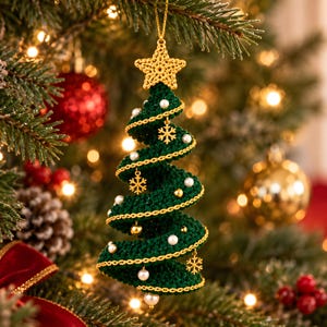 May include: A spiral-shaped Christmas tree ornament made of dark green crochet yarn. The tree is topped with a gold crocheted star and decorated with gold metallic trim, small white pearl beads, and dangling gold snowflake charms.