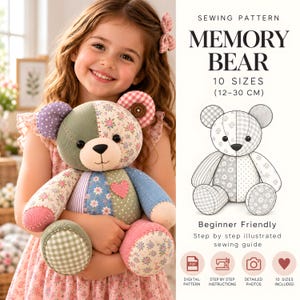 May include: A memory bear sewing pattern featuring 10 sizes ranging from 12 to 30 cm. The bear is constructed from various fabric patches including floral, gingham, and polka dot patterns in shades of green, blue, pink, and purple.