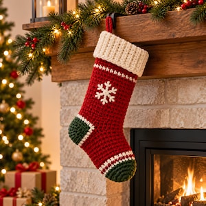 Könnte beinhalten: Ein roter Häkel-Weihnachtsstrumpf mit weißem Rippenbündchen, einem weißen Schneeflockenmotiv in der Mitte sowie dunkelgrünen Akzenten an Ferse und Spitze. Der Strumpf hängt an einer roten Schlaufe an einem hölzernen Kaminsims.