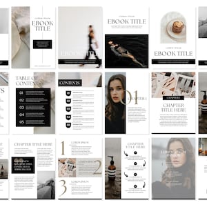 Könnte beinhalten: Eine Sammlung von E-Book-Vorlagenseiten mit einem minimalistischen Layout, Schwarz-Weiß-Fotografien, Serifenschrift und strukturierten Abschnitten für Inhaltsverzeichnisse, Kapitelüberschriften und Fließtext mit Platzhaltern.