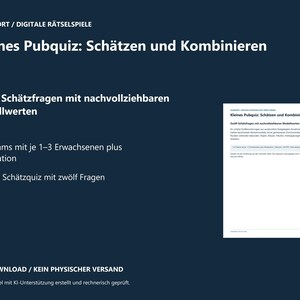 Könnte beinhalten: Ein digitales Quizspiel mit dem Titel Kleines Pubquiz: Schätzen und Kombinieren, das zwölf Schätzfragen mit nachvollziehbaren Modellwerten für zwei bis vier Teams mit je ein bis drei Erwachsenen plus Moderation enthält, als PDF-Download.